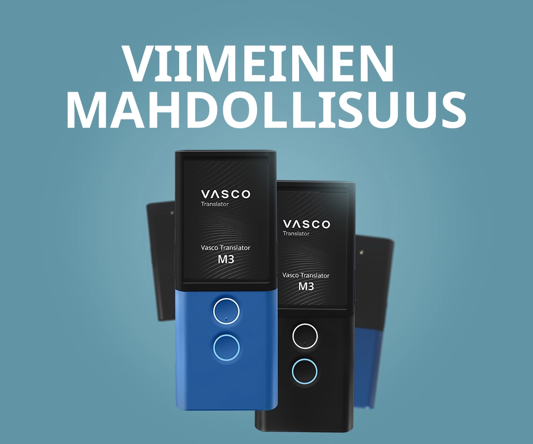 Vasco Translator M3 -laitteiden mainoskuva sinisellä ja mustalla sinisellä taustalla, jossa lukee ”FINAL SALE” (loppuunmyynti).