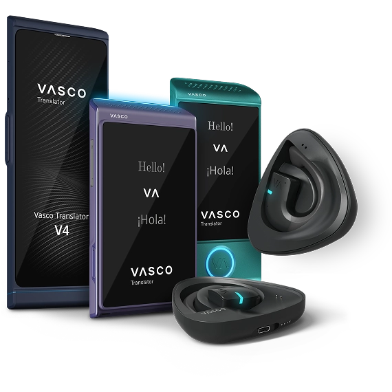 Vasco-laitteiden sivukuva: Vasco Translators V4, Q1, M4 ja E1 vierekkäin.